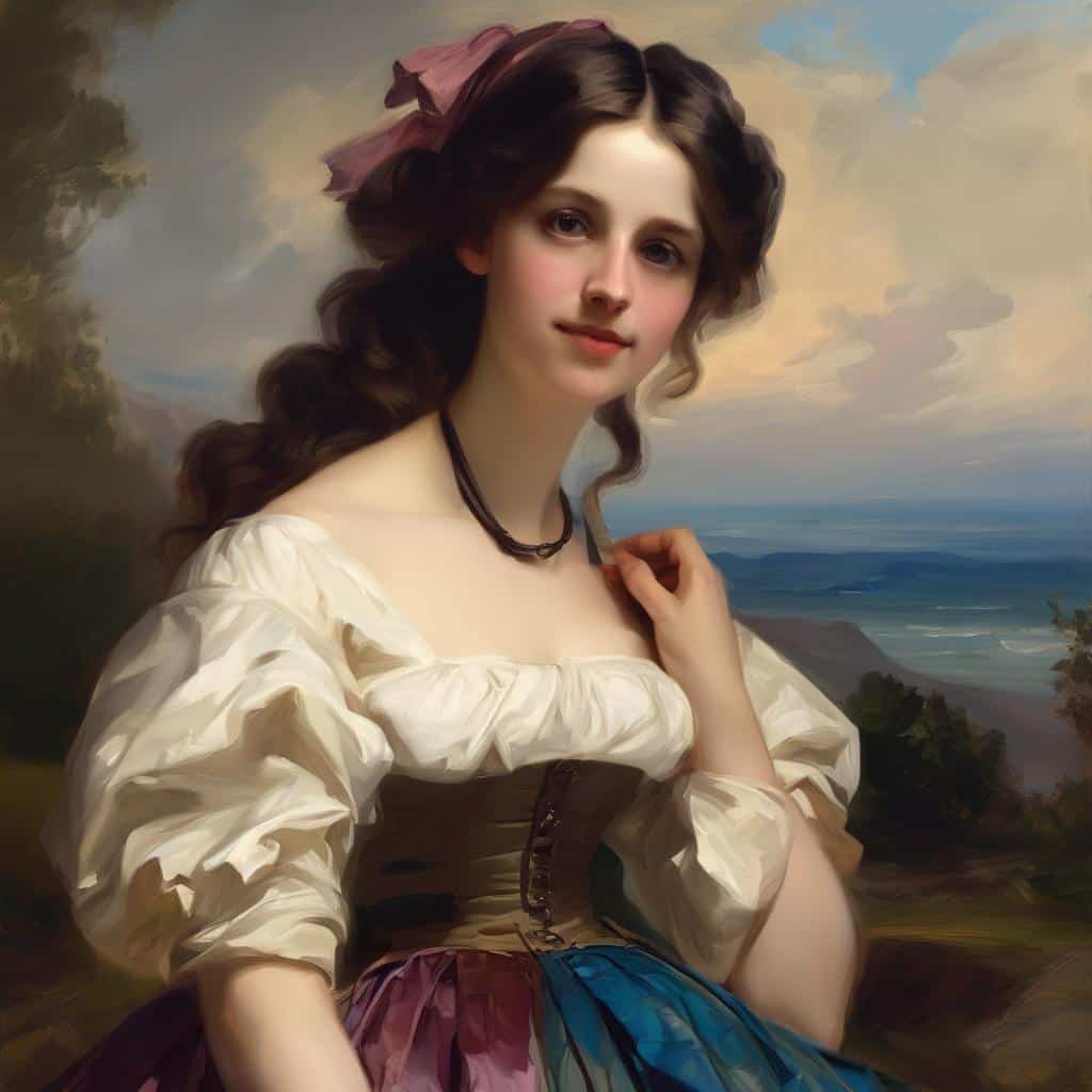 Ουάου, αυτό είναι ένα υπέροχο έργο τέχνης που απεικονίζει μια νεαρή γυναίκα σε παραδοσιακή ενδυμασία μπροστά από ένα μυστηριώδες τοπίο.