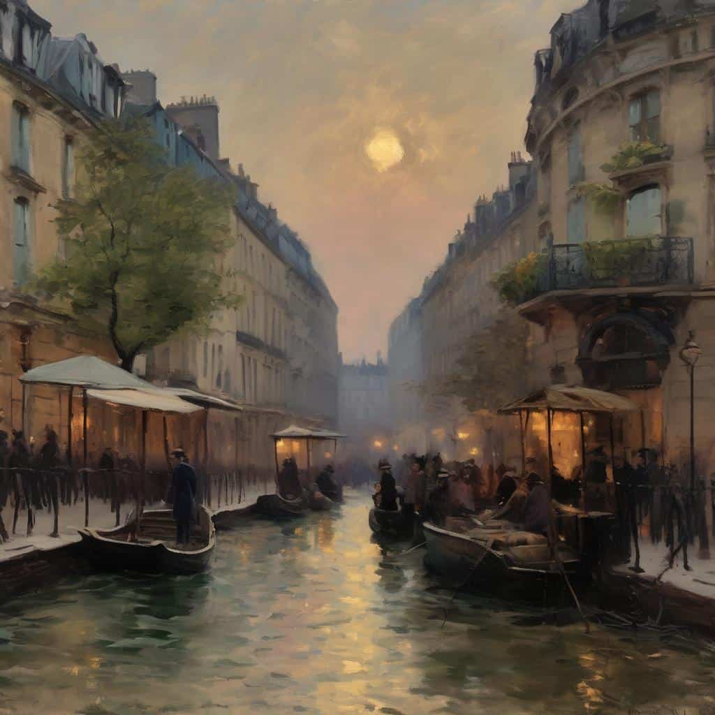 Παλιό τοπίο με καλλιεργημένες βάρκες και παραδοσιακές κτίρια σε ποταμό, σε ηρεμία και ρομαντισμό.