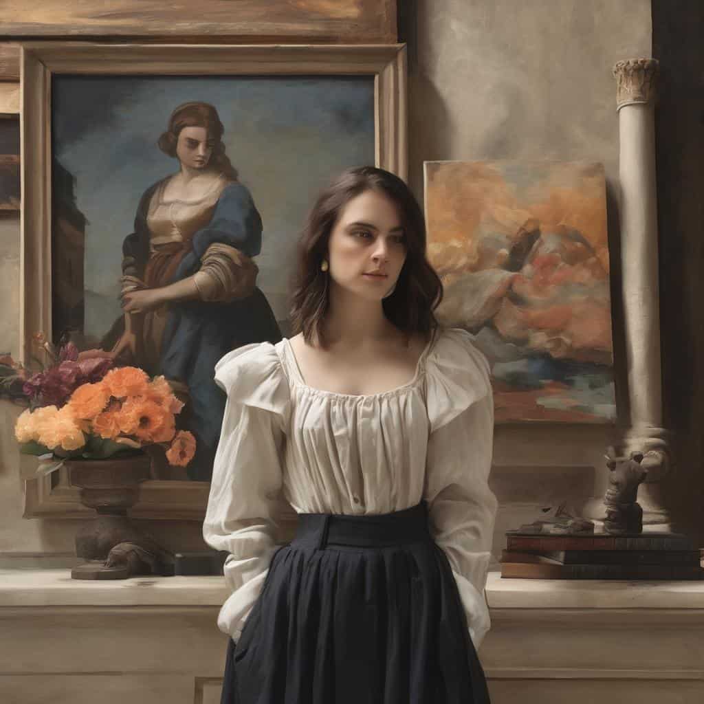 Masterpieces of σύγχρονη τέχνη και οι επιρροές τους με νεαρή γυναίκα σε καλλιτεχνική έκθεση.